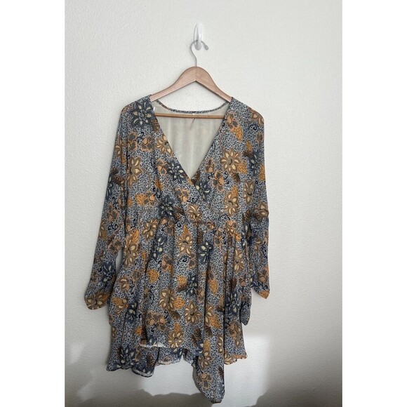 Free People Sky Combo Teegan Mini Dress Long Sleeve Asymmetrical Boho Festival S - Picture 2 of 9